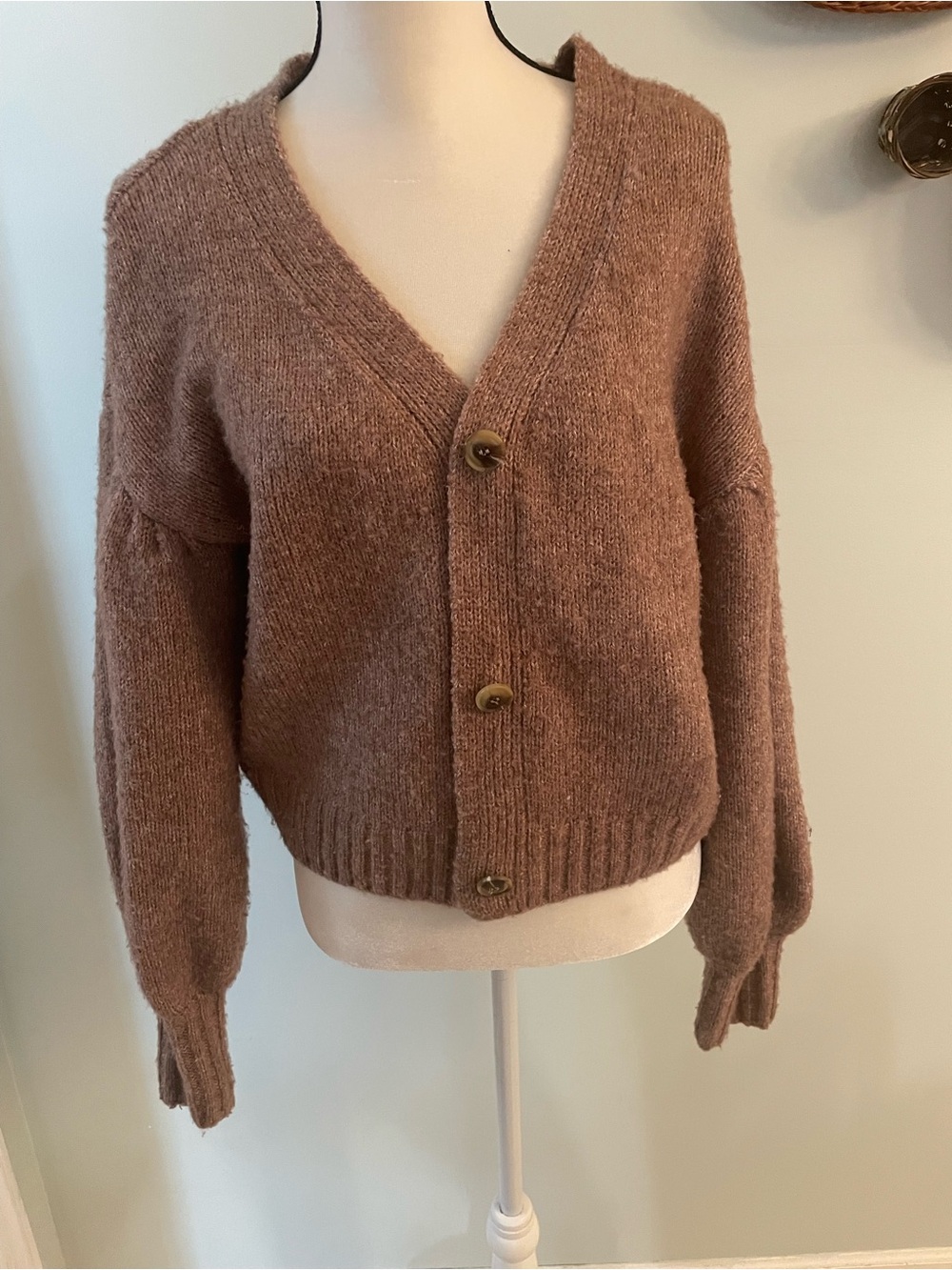 Button-Front V-Neck Cardigan Sweater - Brown